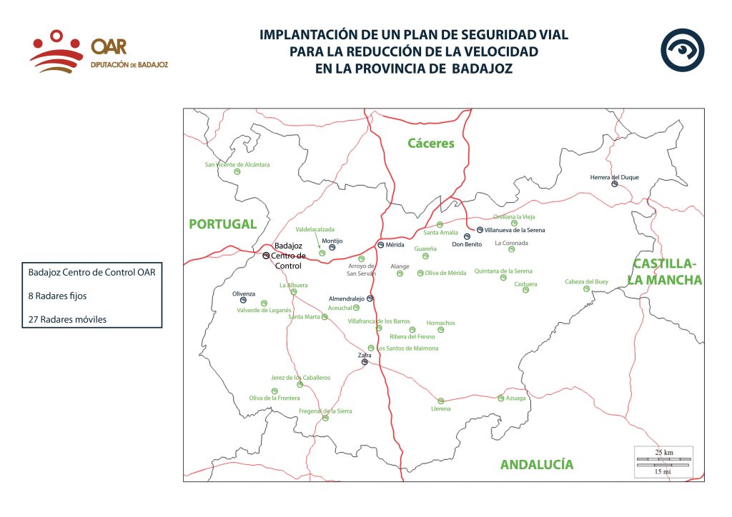 Localización de los radares Plan de Seguridad Vial para la reducción de la velocidad en la provincia de Badajoz